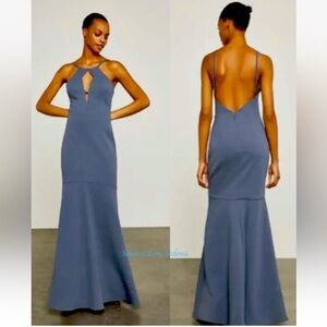 BCBG Maxazaria Mermaid Night Shadow Blue Halter Silhouette Dress Gown Euc 6